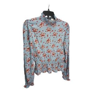 Self Esteem Womens Juniors Top Ribbed Long Sleeves Blouse Floral Fall blue Sz M